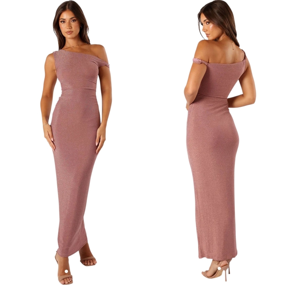 Petal + Pup Sebastian‎ Off Shoulder Maxi Dress Shimmer Dusty Rose NEW